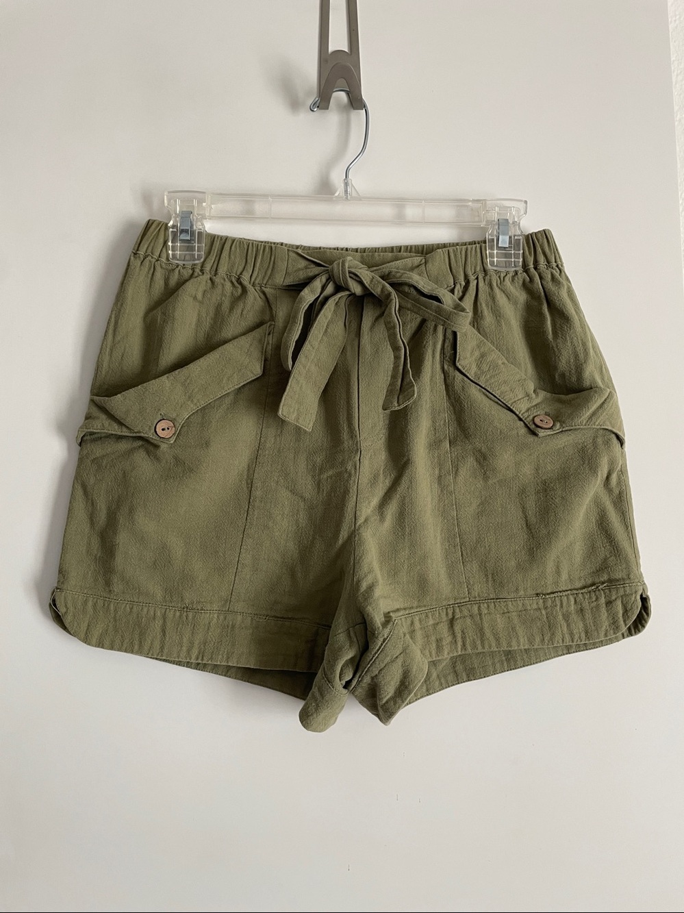 Very j: Cotton High Rise Shorts Elastic Tie Waist Army Green